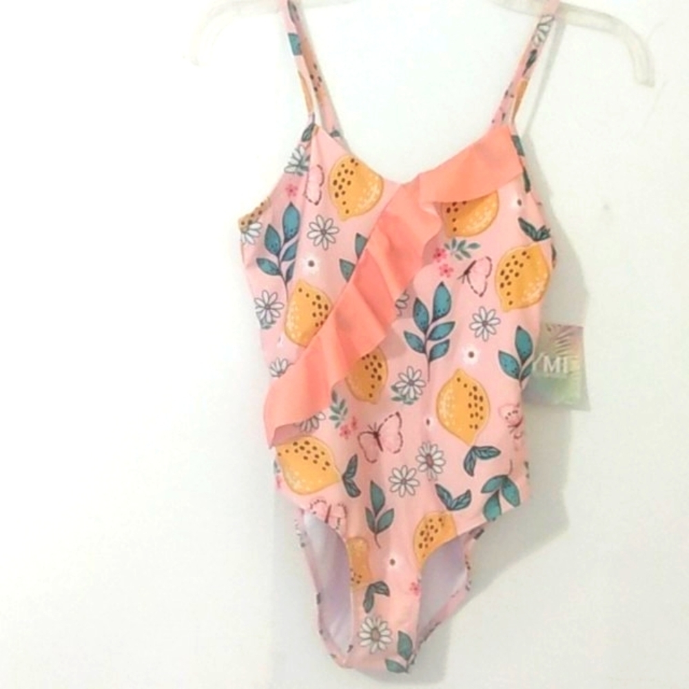 YMI GIRLS ONE PIECE SWIMSUIT LEMONS BUTTERFLIES PEACH RUFFLE TRIM SIZE 14/16 NWT